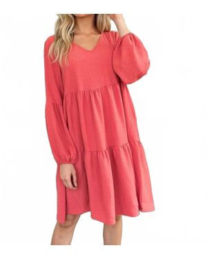 Double Take Balloon Sleeve V-Neck Tiered Dress