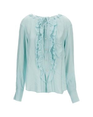 Plan C Light Ruffled Shirt With Gathered Neck - Blue
