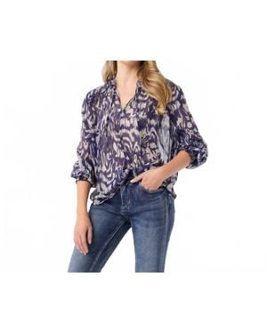 Coco + Carmen Sheer Print V Neck Blouse - Blue