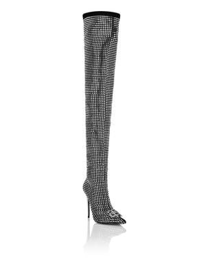 Philipp Plein Suede Strass Boots Hi-Heels Overknees Gothic Plein - White
