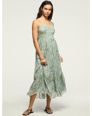 Lucky Brand Printed Lace Tiered Midi Dress - Green