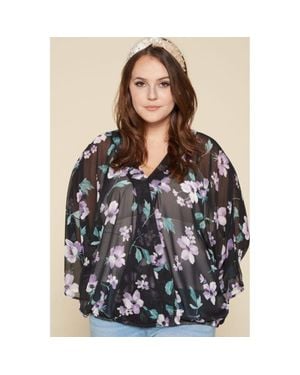 TRUEDAMES Plus Size Floral Chiffon Sheer Surplice Top - Black