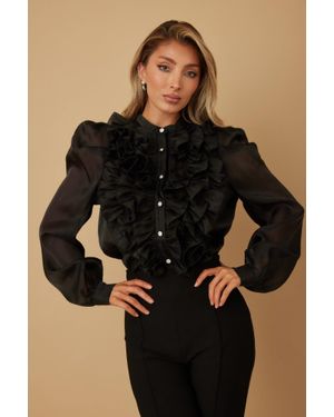 TRUEDAMES Ruffle Micro Crystal Long Sleeve Blouse - Black