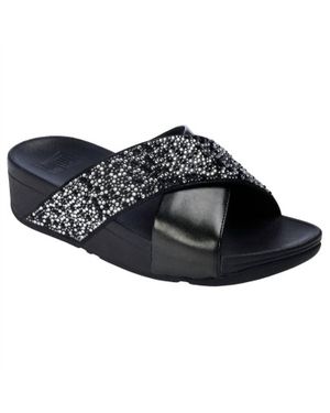 Fitflop Lulu Crystal Mix Metallic Cross Wedge Slides - Black