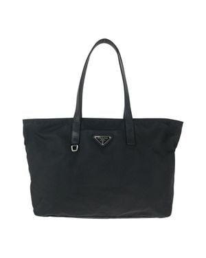 Prada Nylon Leather Tessuto Logo Tote Bag - Black