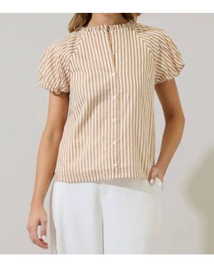 Sugarlips Neutral Striped Puff Sleeve Button Up Top - Natural