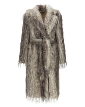 GIUSEPPE DI MORABITO Long Eco-Fur Coat With V-Neck - Gray