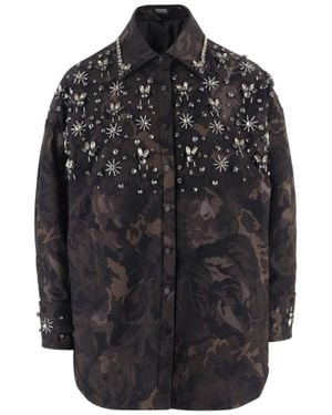 Pinko Dark Floral Camouflage Coat With Boxy Silhouette And Embellishments - Black