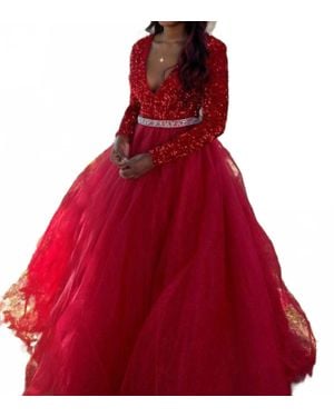 Ava Presley Velvet Sequin Long Sleeved Ball Gown - Red