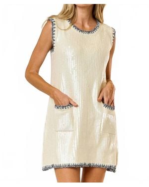 Lalavon Sequin Contrast Stitch Front Pocket Mini Dress - Natural