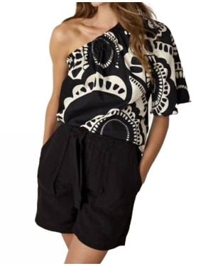 Summum One Shoulder Flower Top - Black