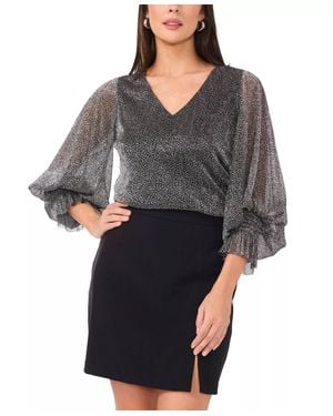 Vince Camuto Metallic V-Neck Sheer Sleeve Top - Gray
