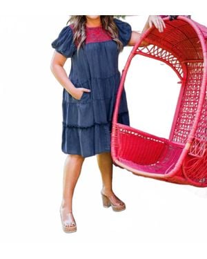 Layerz Clothing Embroidered Tiered Denim Dress - Blue
