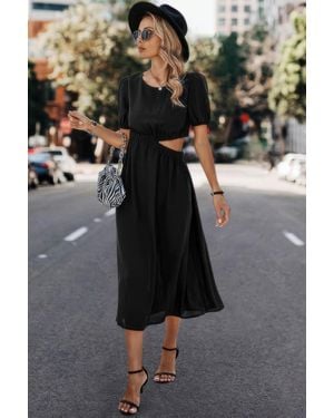TRUEDAMES Solid Round Neck Cutout Waist A Line Midi Dress - Black