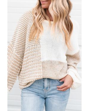 TRUEDAMES Oatmeal Mixed Pattern Knit Tie Keyhole Drop Shoulder Sweater - White