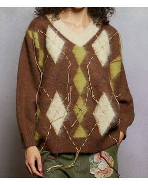Pol Oxford Argyle Distressed Oversized Sweater - Brown