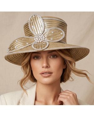 Fashnzfab Elegant Rhinestone Trim Embellished Floral Bow Accent Wide Brim Statement Dressy Hat - Brown
