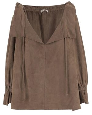 By Malene Birger Ruffled V-Neck Suede Blouse With Drawstring Closure - Brown