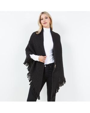 TRUEDAMES Fringe Knit Open Front Shawl Wrap Poncho - Black