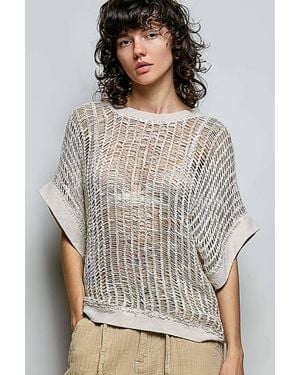 Pol Open-Weave Textured Knit Boxy Top - Gray