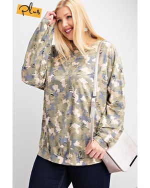 TRUEDAMES Plus Size Long Sleeve Distressed Printed Rayon Pullover Top - Multicolor