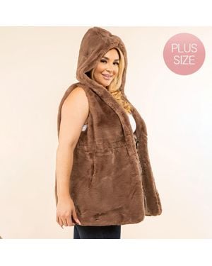 TRUEDAMES Plus Size Faux Fur Hooded Vest - Brown