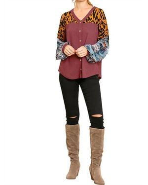 Umgee Animal & Aztec Waffle Knit Top - Red