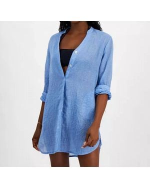 J Valdi Big Shirt Button-Front Long-Sleeve Swim Cover-Up - Blue