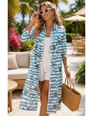 Half Heart Coastal Luxe Stripe And Shell Maxi Shirt Dress Duster - Blue