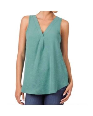 Zenana Woven Airflow V-Neck Sleeveless Top - Green
