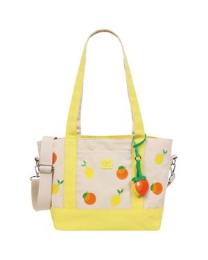 C&C California Citrus Fruit Print Cotton Canvas Tote With Contrast Trim & Pu Charm - Yellow