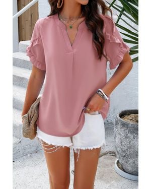 Fashnzfab V Neck Ruffle Sleeve Flowy Loose Shirt - Pink