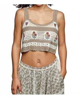 Pol Sofia Floral Embroidery Crochet Striped Crop Top - Gray