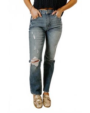 Kancan Reese High Waist Distressed Straight Leg Jeans - Blue