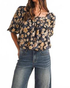 Anniewear Flower Print Balloon Hem Square Neck Top - Black