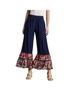 Umgee Boarder Print Ruffle Hem Wide Leg Pants With Elastic Band - Blue