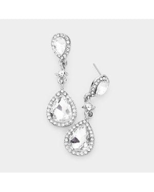 Fashnzfab Double Teardrop Stone Accented Dangle Evening Earrings - Metallic