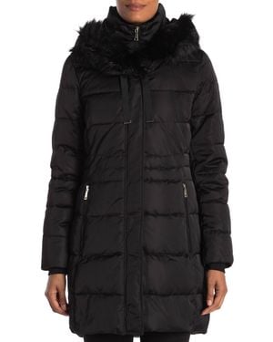 Tahari Stefani Faux Fur Hood Down Fill Fitted Puffer Coat - Black