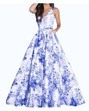 Jovani V-Neck Satin Ball Gown - Blue