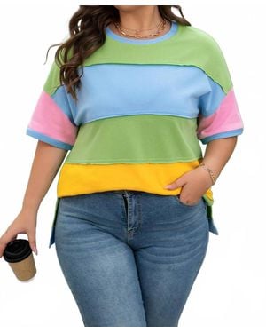 Dear Lover Color Block Exposed Seam Patchwork T Shirt - Blue
