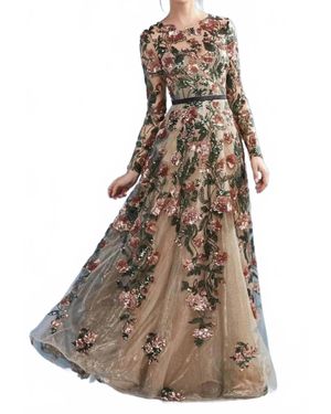 Andrea & Leo Couture Long Sleeve Floral Evening Gown - Brown