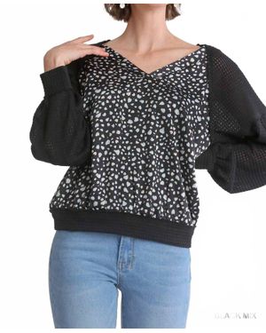 Umgee Animal Knit Woven Print Long Sleeve Top - Black