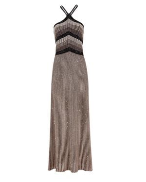 D. EXTERIOR Maxi Dress With Crossed Straps And Sequined Stripes - Gray
