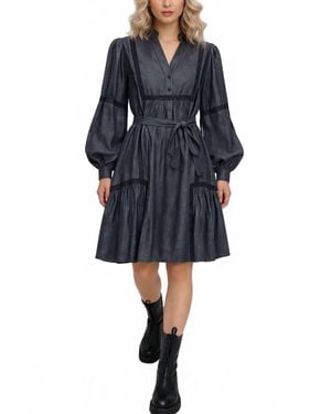 Gold Hawk Denim Tencel Lace Trim Dress - Blue