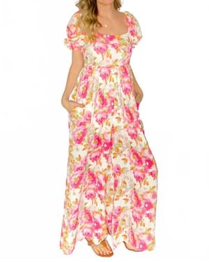 Bucketlist Floral Poof Sleeve Smocked Back Jumpsuit - Red