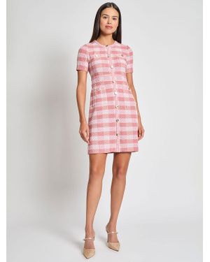 Misook Bold Plaid Tweed Knit Sheath Dress - Pink