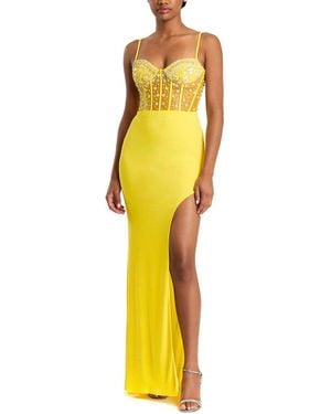 Mac Duggal Spaghetti Strap Beaded Sheer Bodice Gown - Yellow
