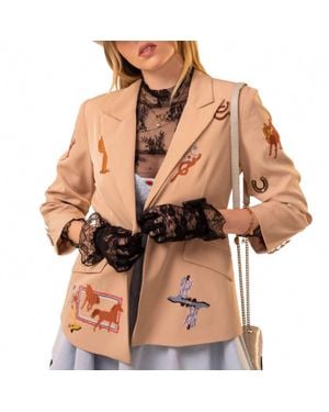 Blue B Western Embroidery All Over Ruched Sleeve Blazer - Brown