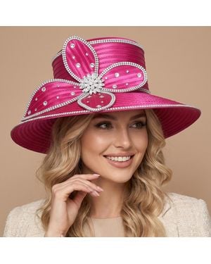 Fashnzfab Elegant Rhinestone Trim Embellished Floral Bow Accent Wide Brim Statement Dressy Hat - Pink