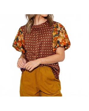 Ivy Jane Floral Flair Puff Sleeve Top - Brown